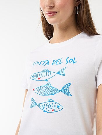 Camiseta de algodón estampada con cuello redondo para mujer