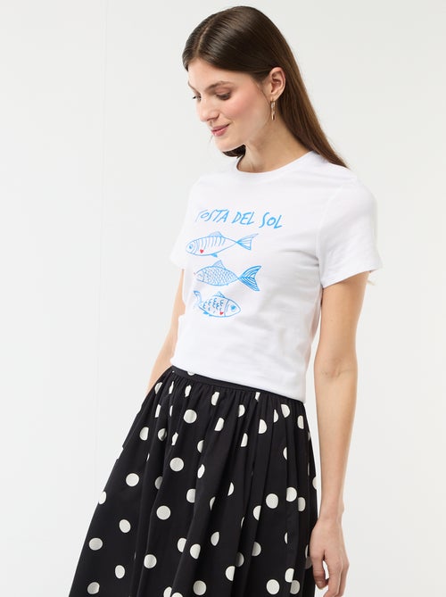 Camiseta de algodón estampada con cuello redondo para mujer - Kiabi