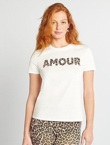 Camiseta de algodón estampada con cuello redondo para mujer