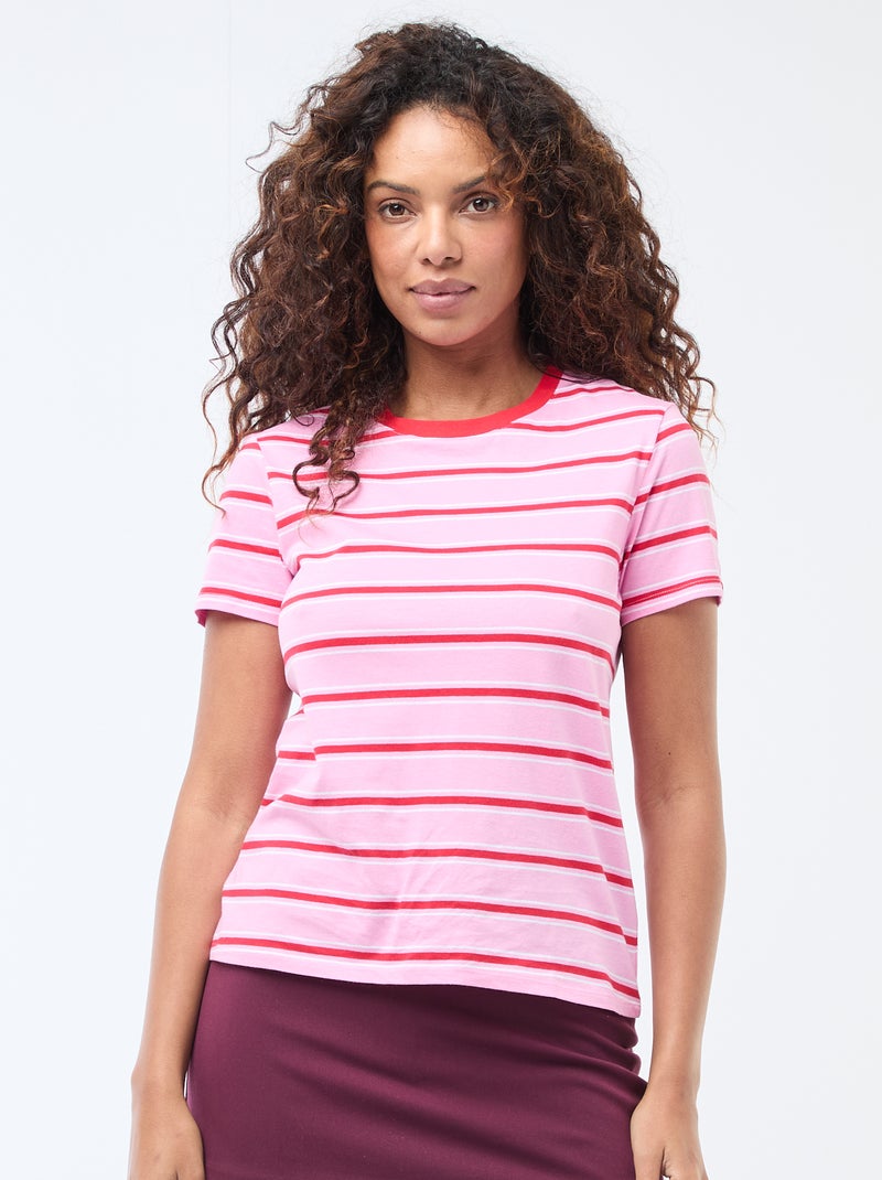 Camiseta de algodón estampada con cuello redondo para mujer Rosa - Kiabi