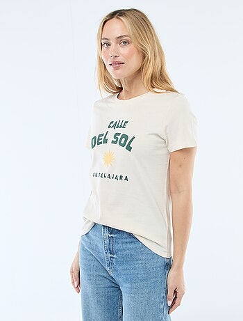 Camiseta de algodón estampada con cuello redondo para mujer