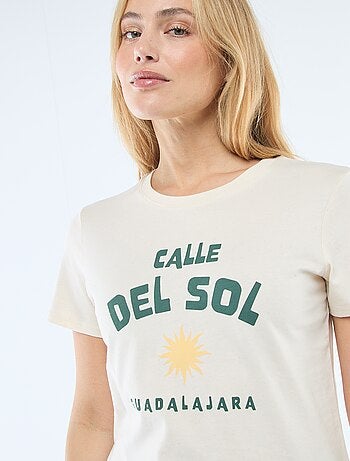 Camiseta de algodón estampada con cuello redondo para mujer