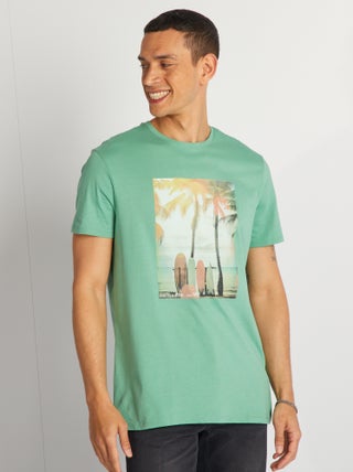Camiseta de algodón estampada con cuello redondo