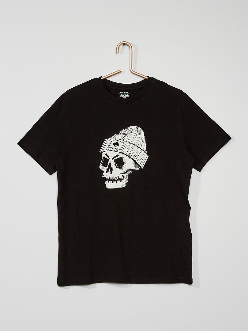 Camiseta de algodón estampada 'cráneo' NEGRO - Kiabi
