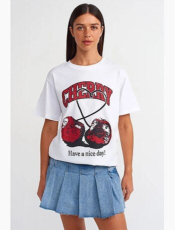 Camiseta de algodón estampada de cuello redondo para mujer dilvin