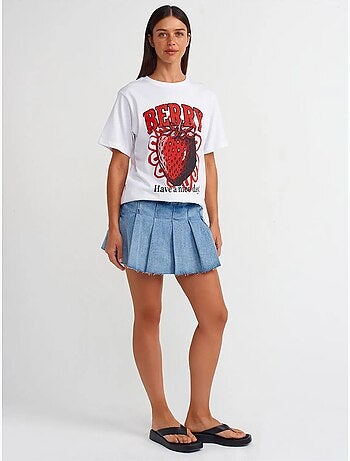 Camiseta de algodón estampada de mujer con cuello redondo dilvin