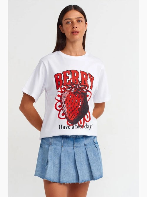 Camiseta de algodón estampada de mujer con cuello redondo dilvin - Kiabi Camiseta de algodón estampada de mujer con cuello redondo dilvin - Kiabi