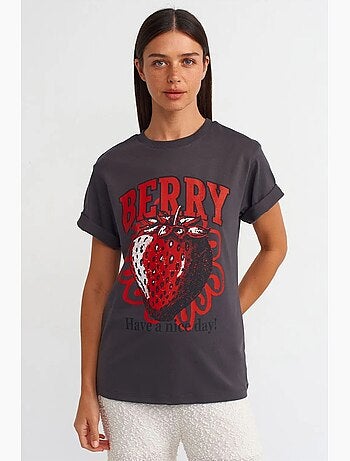 Camiseta de algodón estampada de mujer con cuello redondo dilvin