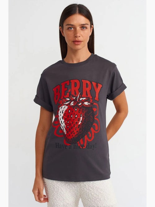 Camiseta de algodón estampada de mujer con cuello redondo dilvin - Kiabi Camiseta de algodón estampada de mujer con cuello redondo dilvin - Kiabi