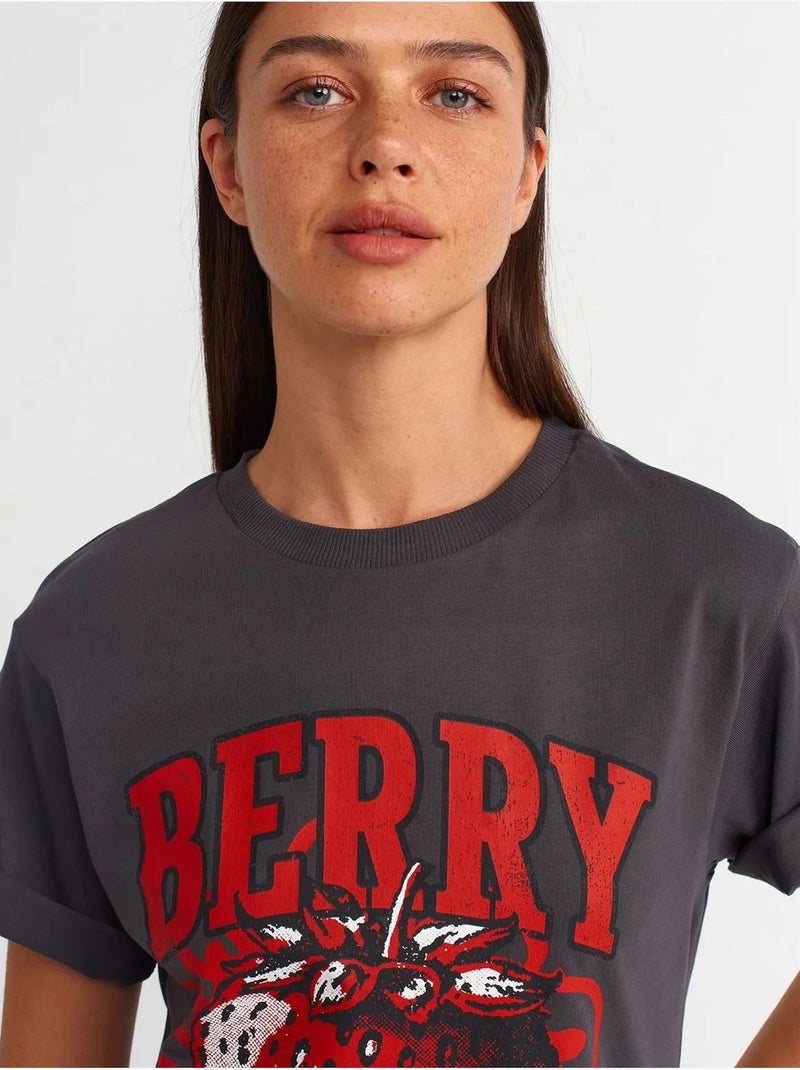 Camiseta de algodón estampada de mujer con cuello redondo dilvin Gris negro - Kiabi