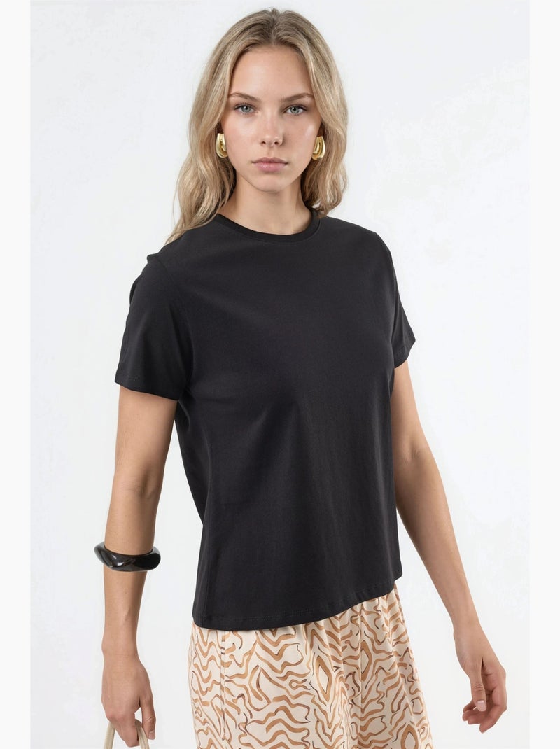 Camiseta de algodón lisa con cuello redondo busem Negro - Kiabi