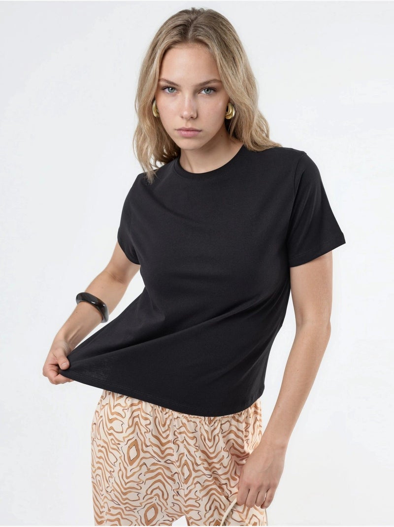 Camiseta de algodón lisa con cuello redondo busem Negro - Kiabi