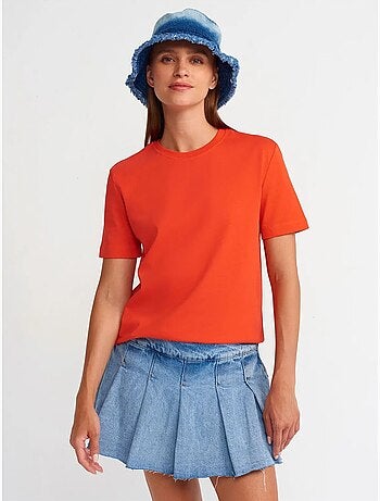 Camiseta de algodón para mujer con cuello redondo dilvin