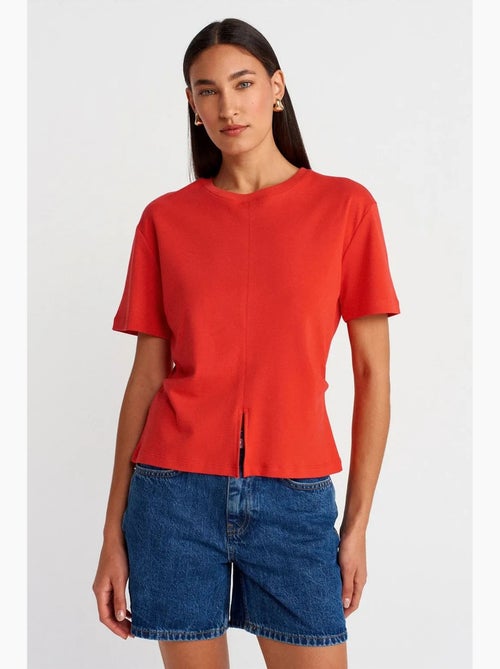 Camiseta de algodón para mujer con cuello redondo y abertura dilvin - Kiabi