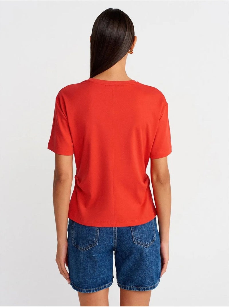 Camiseta de algodón para mujer con cuello redondo y abertura dilvin Rojo - Kiabi
