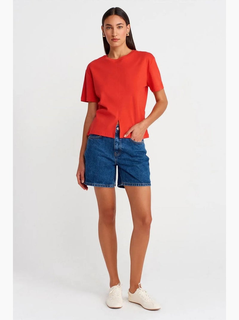 Camiseta de algodón para mujer con cuello redondo y abertura dilvin Rojo - Kiabi