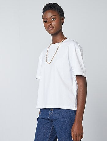 Camiseta de algodón para mujer con cuello redondo y manga corta