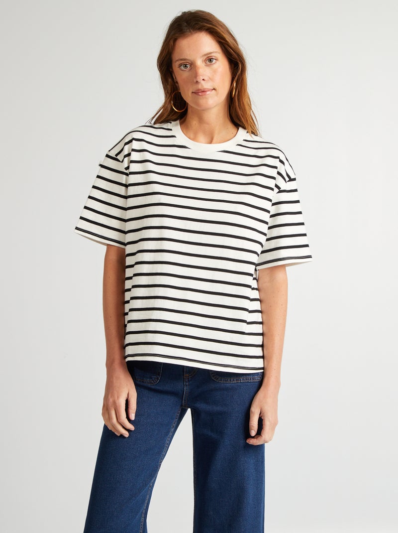Camiseta de algodón para mujer con cuello redondo y manga corta BLANCO - Kiabi