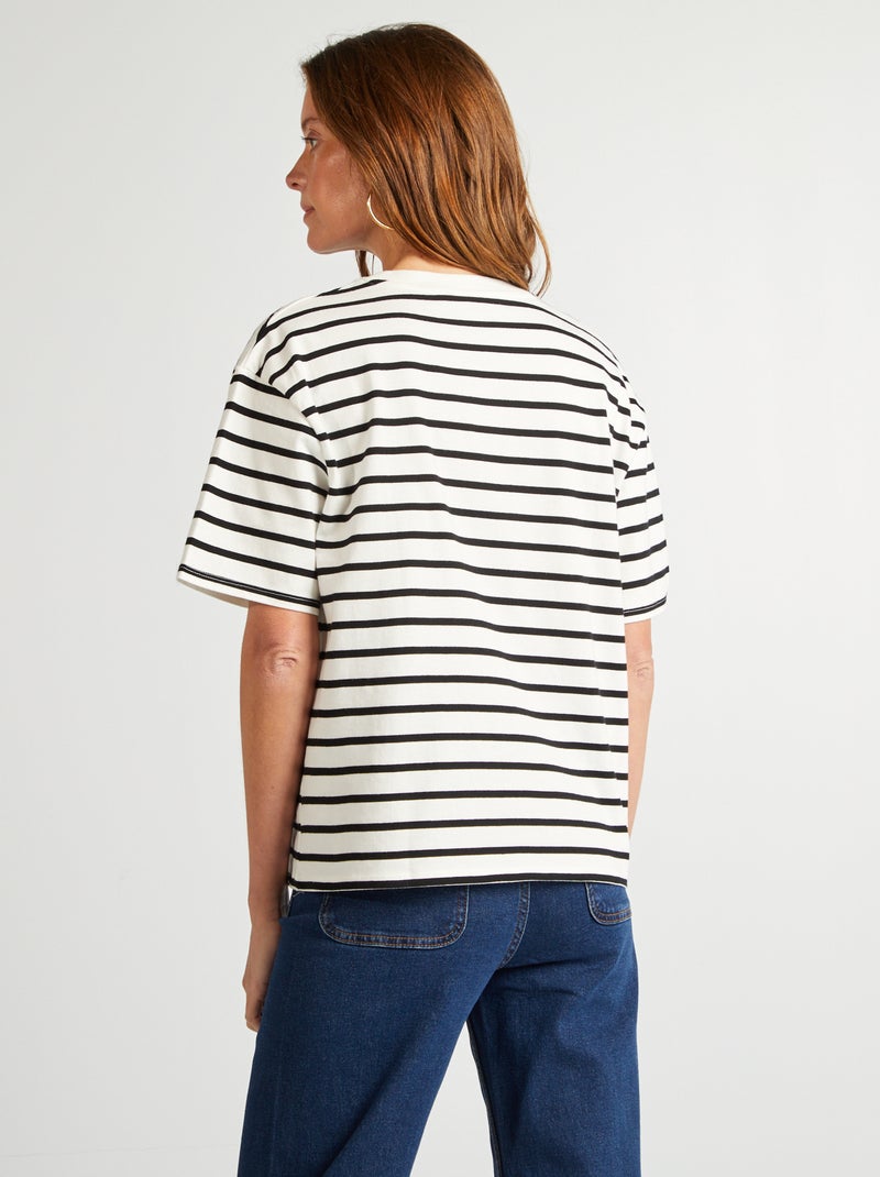 Camiseta de algodón para mujer con cuello redondo y manga corta BLANCO - Kiabi