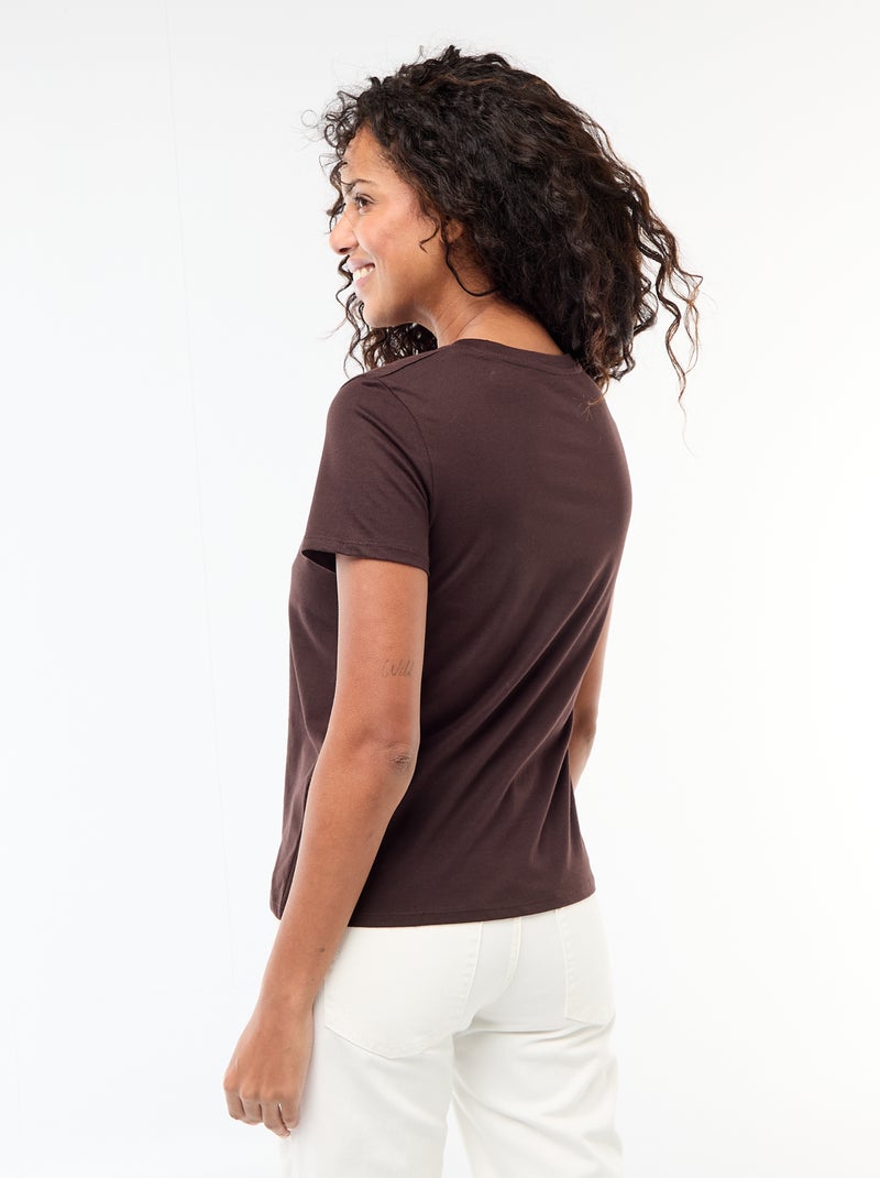 Camiseta de algodón para mujer con cuello redondo y manga corta Marron - Kiabi