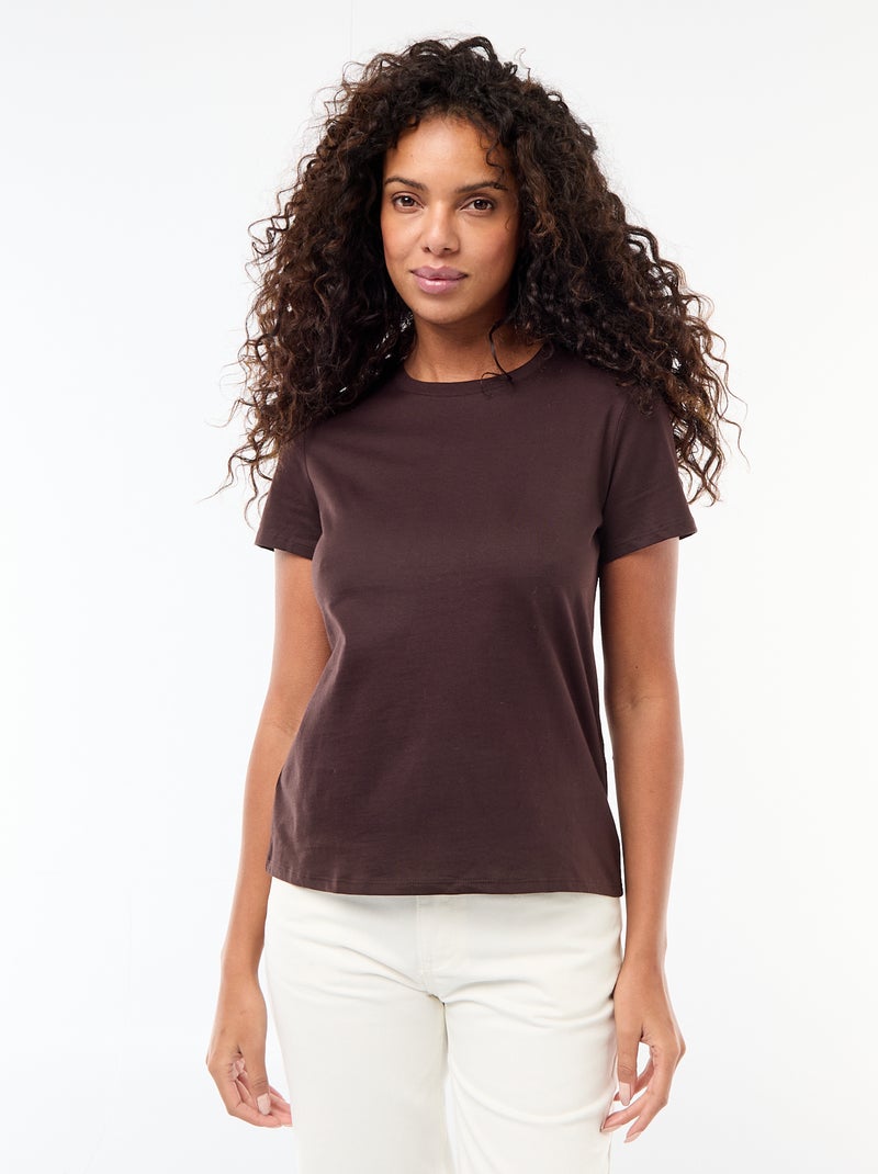 Camiseta de algodón para mujer con cuello redondo y manga corta Marron - Kiabi