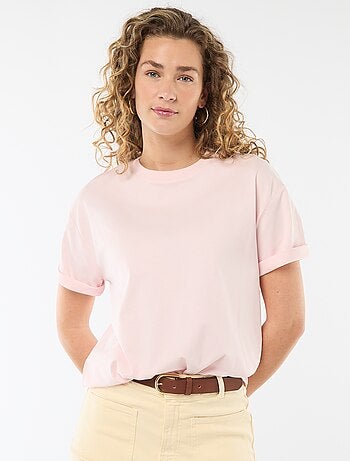 Camiseta de algodón para mujer con cuello redondo y manga corta