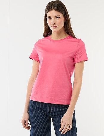 Camiseta de algodón para mujer con cuello redondo y manga corta