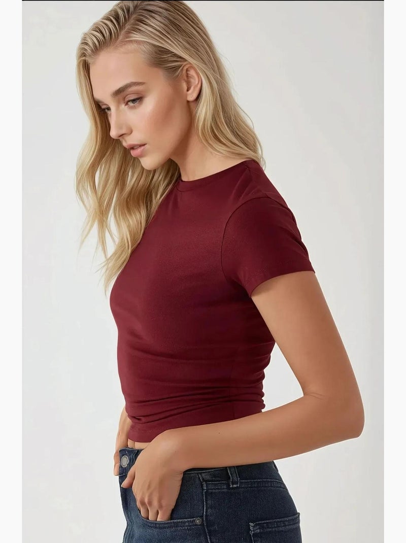 Camiseta de algodón suave al tacto y cuello redondo de corte entallado hiccup Rojo burdeos - Kiabi