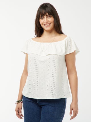 Camiseta de bordado inglés sin mangas con volante amplio en el cuello
