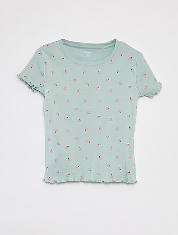 Camiseta de canalé con bordes ondulados y estampados