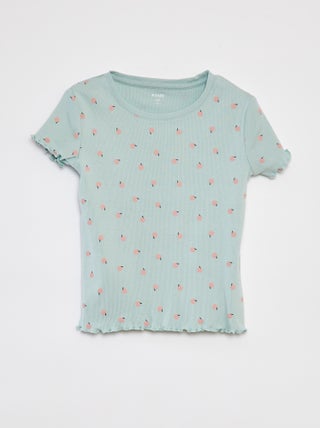 Camiseta de canalé con bordes ondulados y estampados