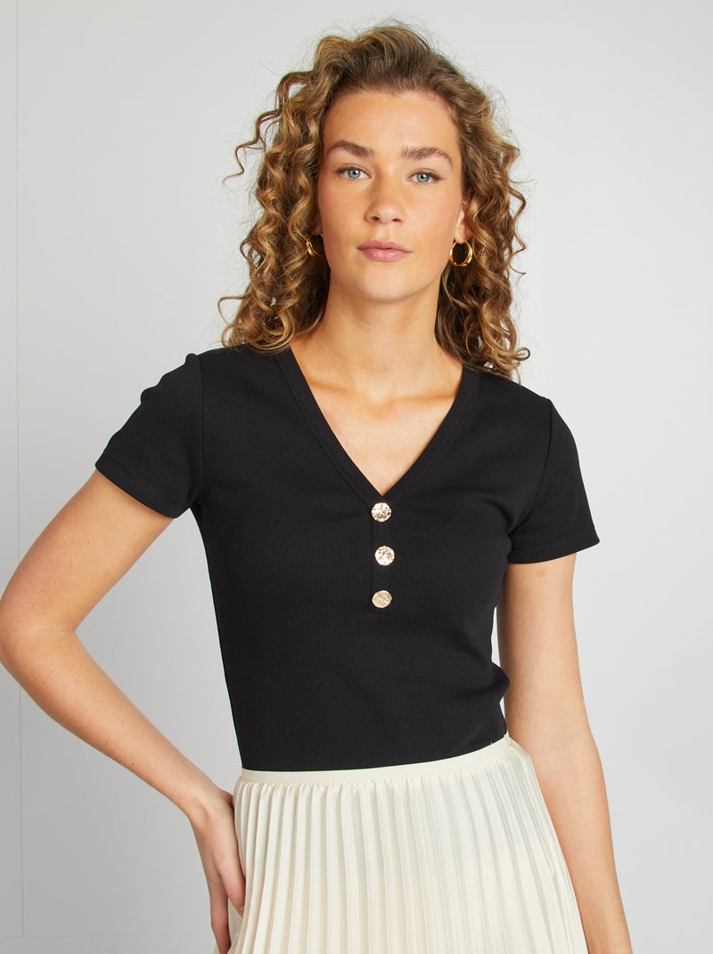 Camiseta de canalé con botones negro - Kiabi
