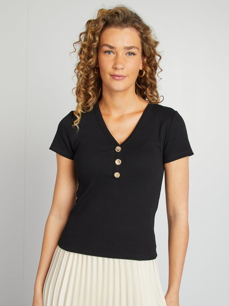 Camiseta de canalé con botones negro - Kiabi