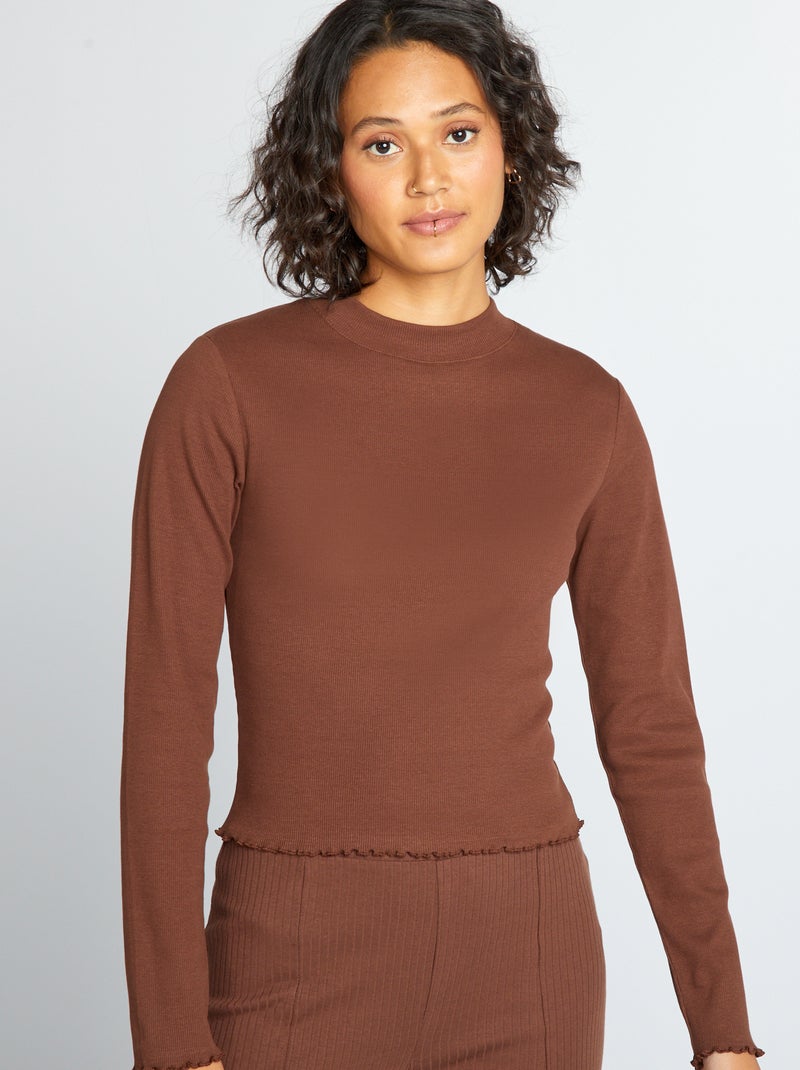 Camiseta de canalé con cuello alto MARRON - Kiabi