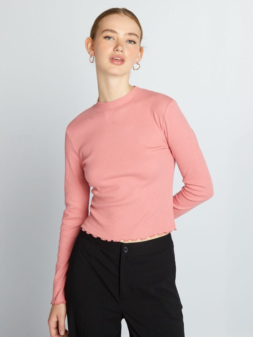 Camiseta de canalé con cuello alto rosa - Kiabi