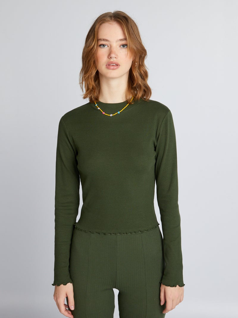 Camiseta de canalé con cuello alto VERDE - Kiabi