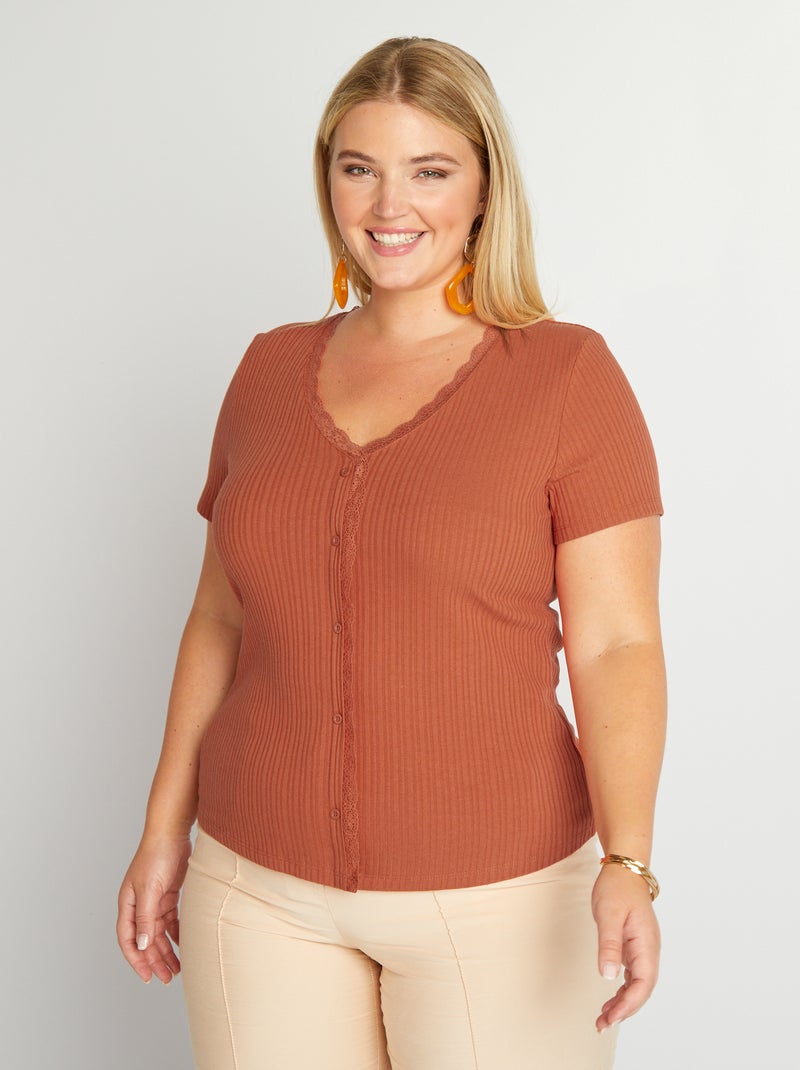 Camiseta de canalé con cuello de pico naranja - Kiabi