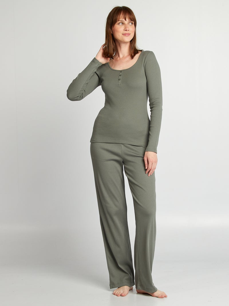 Camiseta de canalé con cuello panadero VERDE - Kiabi