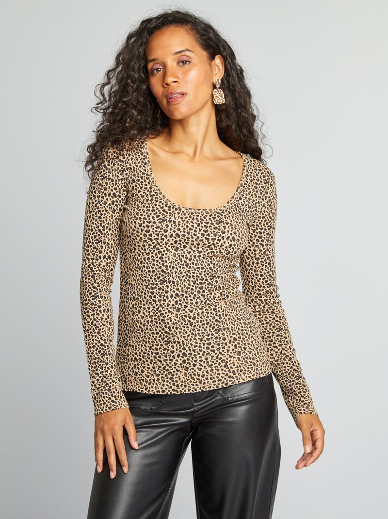 Camiseta de canalé con cuello redondo BEIGE - Kiabi