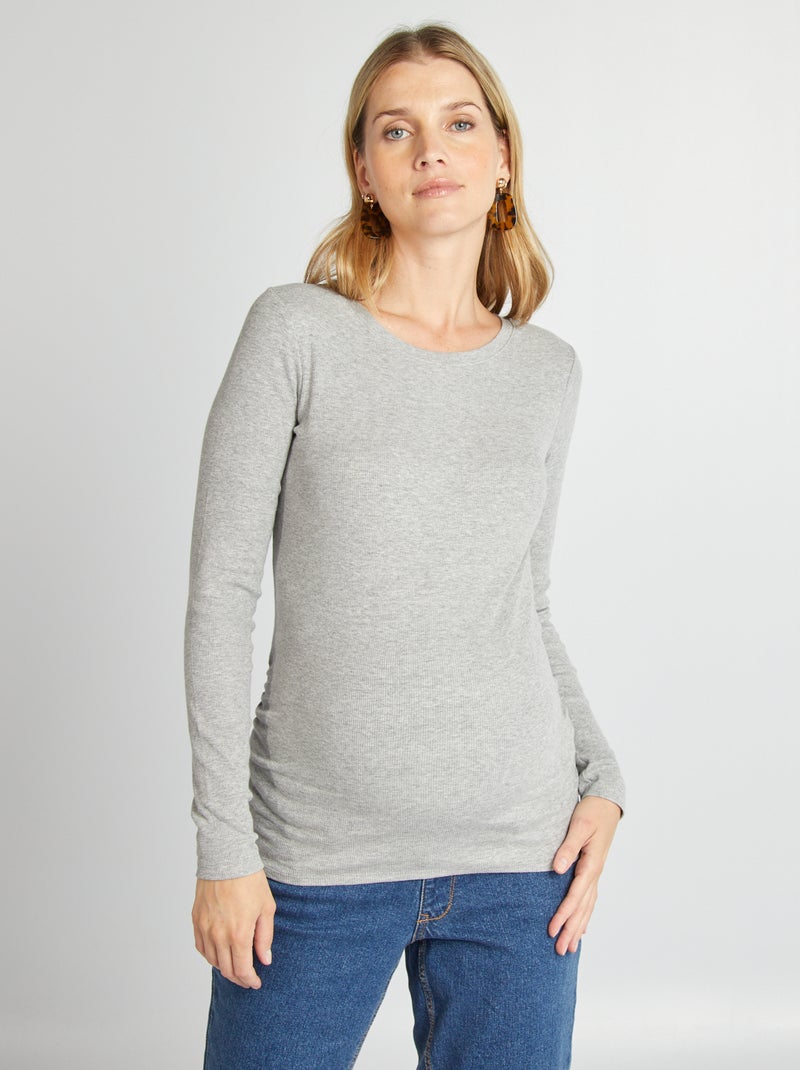 Camiseta de canalé con cuello redondo GRIS - Kiabi