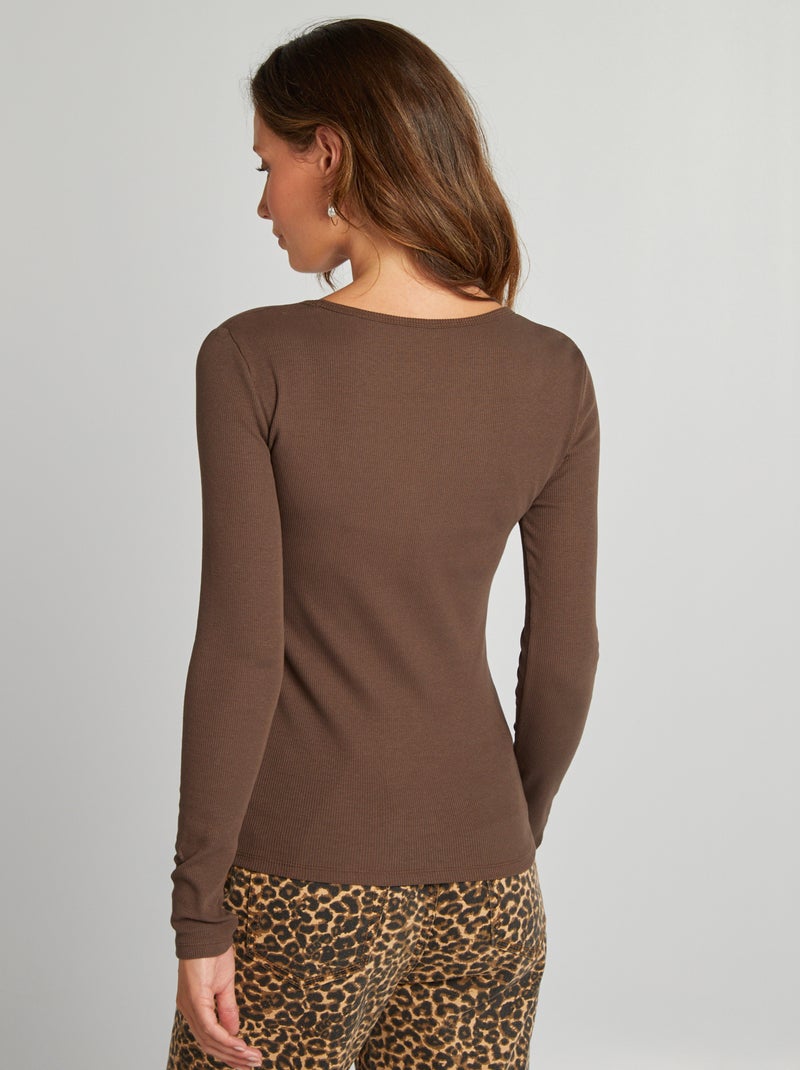 Camiseta de canalé con cuello redondo MARRON - Kiabi