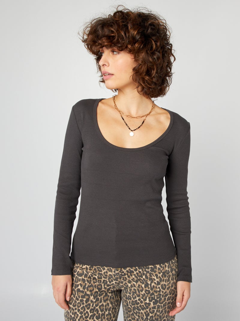 Camiseta de canalé con cuello redondo NEGRO - Kiabi