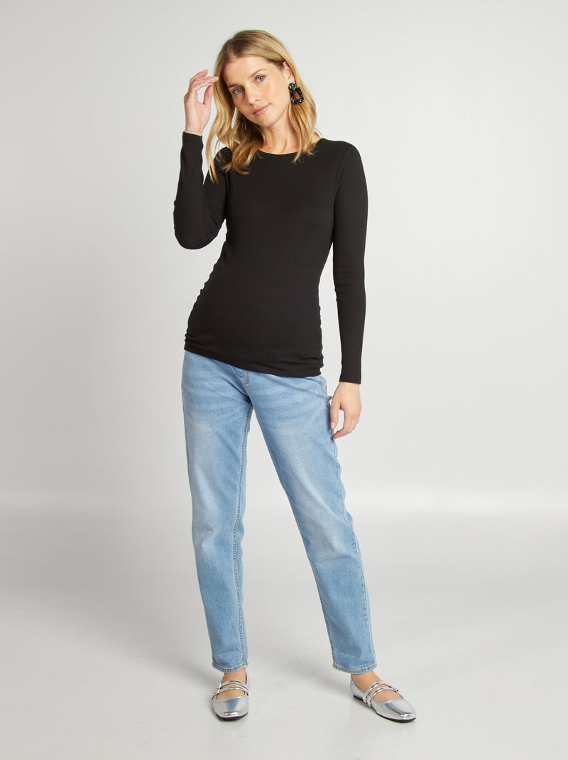 Camiseta de canalé con cuello redondo negro - Kiabi