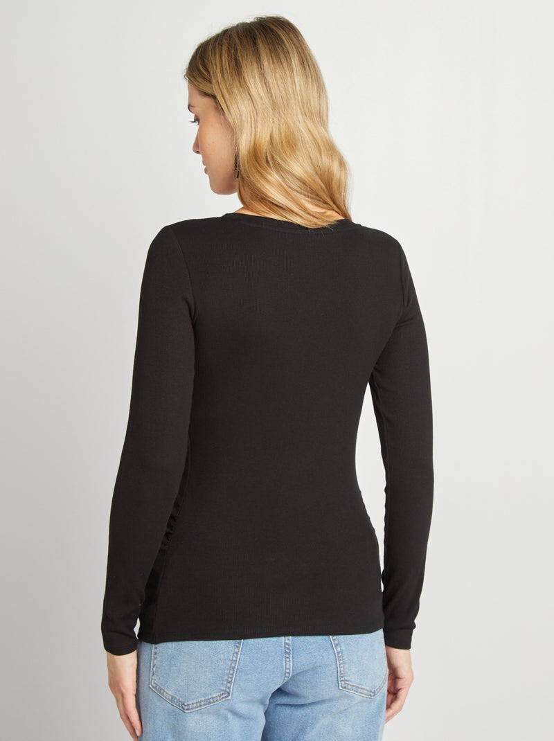 Camiseta de canalé con cuello redondo negro - Kiabi