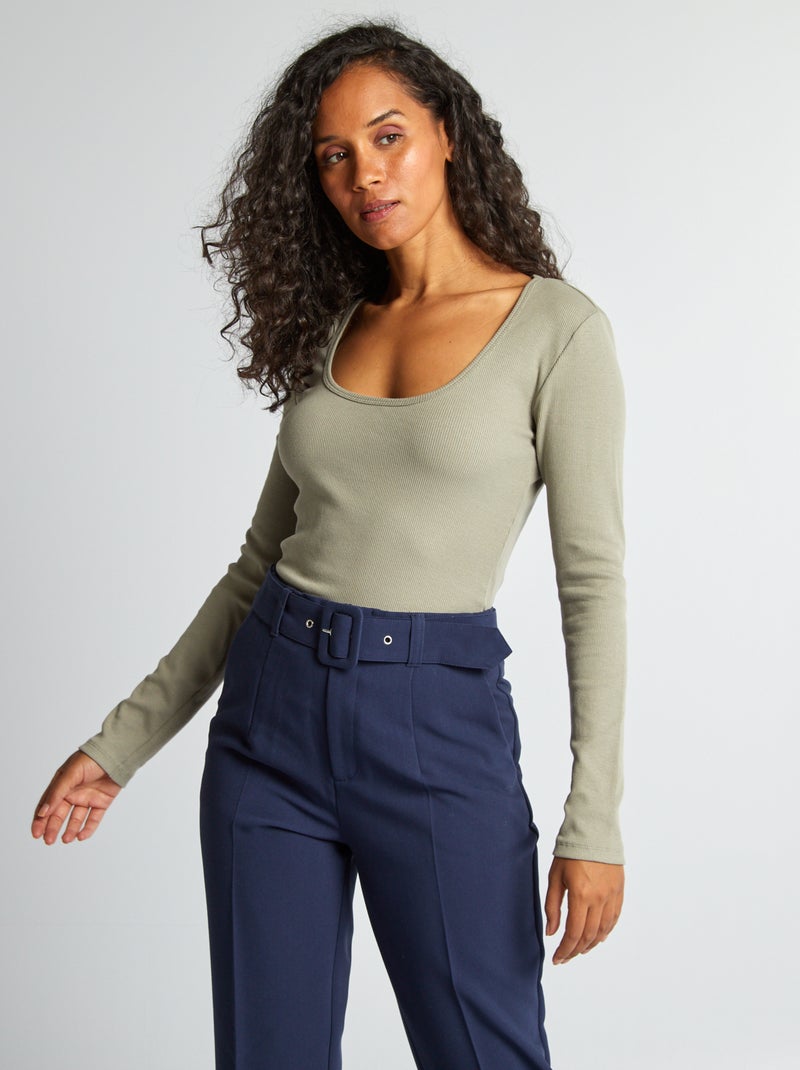 Camiseta de canalé con cuello redondo VERDE - Kiabi