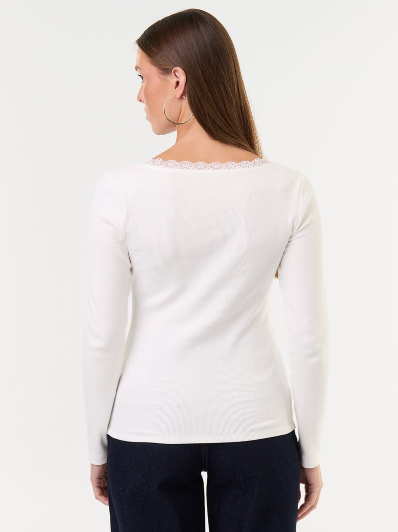 Camiseta de canalé con encaje en el cuello Blanco - Kiabi