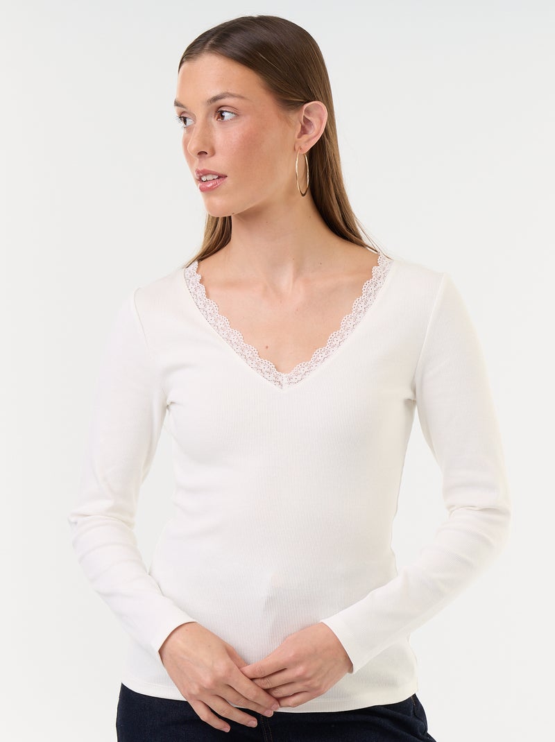 Camiseta de canalé con encaje en el cuello Blanco - Kiabi