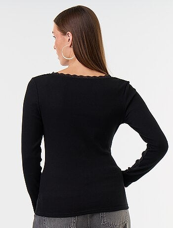Camiseta de canalé con encaje en el cuello