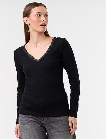 Camiseta de canalé con encaje en el cuello