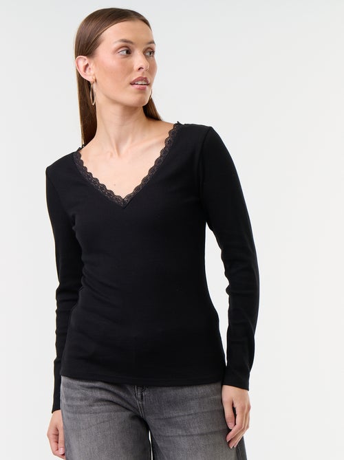 Camiseta de canalé con encaje en el cuello - Kiabi